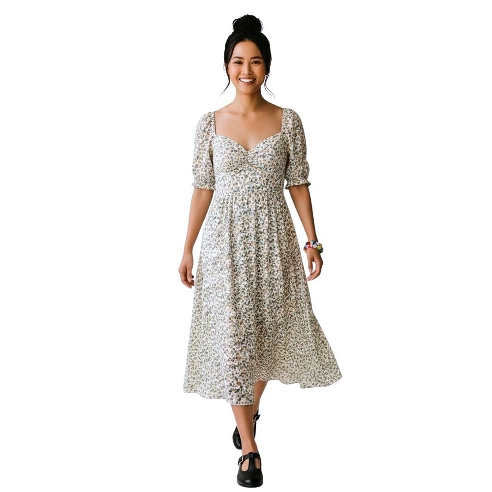 Seven Wonders Floral Puff Sleeve Midi Dress 8 White Yellow Cottagecore Milkmaid